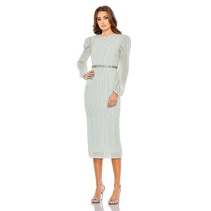 Mac Duggal 93622 NWT LONG SLEEVE PUFF SLEEVE BEADED MIDI DRESS